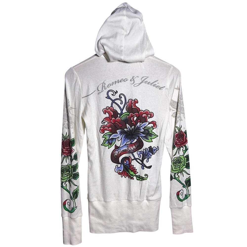 Romeo & Juliet Couture Y2K Zip Hoodie Womens Size Medium Tattoo White Grunge